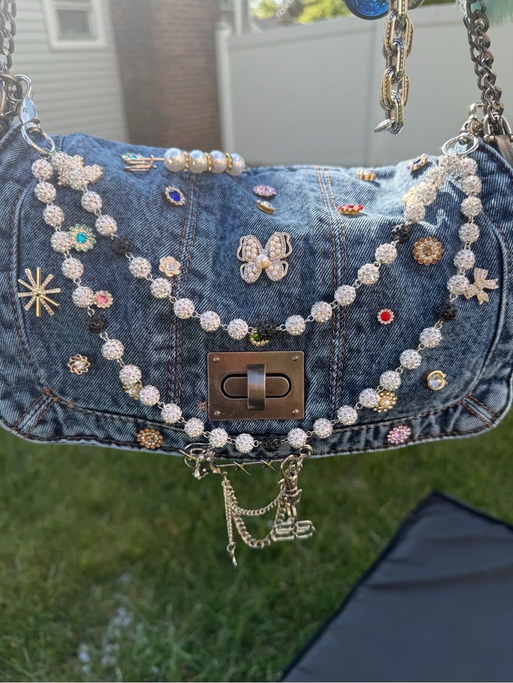 Embellished Denim Shoulder Bag with Crystal Accents - Blue